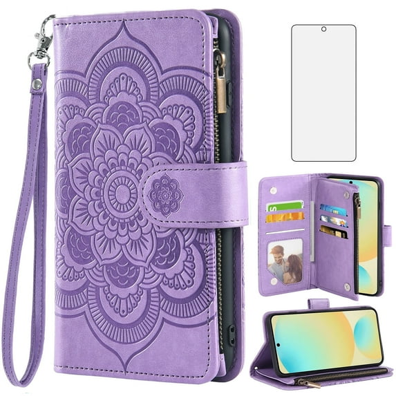 Compatible with Samsung Galaxy S24 FE 5G Wallet Phone Case and Tempered Glass Screen Protector Flower Faux Leather Flip Credit Card Holder Stand Zipper Cell Cover for S 24 EF S24FE 24S Women Purple