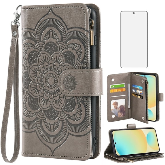 Compatible with Samsung Galaxy S24 FE 5G Wallet Phone Case and Tempered Glass Screen Protector Flower Faux Leather Flip Credit Card Holder Stand Zipper Cell Cover for S 24 EF S24FE 24S Women Grey