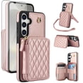 thumbnail image 1 of Compatible with Samsung Galaxy S24 FE 5G Wallet Phone Case Tempered Glass Screen Protector Wrist Crossbody Strap Stand Credit Card Holder RFID Slot Cell Cover for S 24 EF S24FE Women Girls Rose Gold, 1 of 9