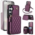 thumbnail image 1 of Compatible with Samsung Galaxy S24 FE 5G Wallet Phone Case Tempered Glass Screen Protector Wrist Crossbody Strap Stand Credit Card Holder RFID Slot Cell Cover for S 24 EF S24F Women Girls Dark Purple, 1 of 9