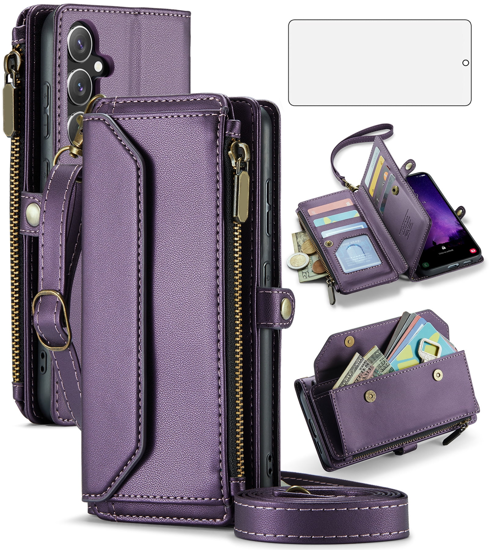 Compatible with Samsung Galaxy S24 FE 5G Zipper Wallet Phone Case Tempered Glass Screen Protector Crossbody Lanyard Strap Flip Card Holder Slot Cell Cover for S 24 EF AI S24FE 24S Women Girls Purple