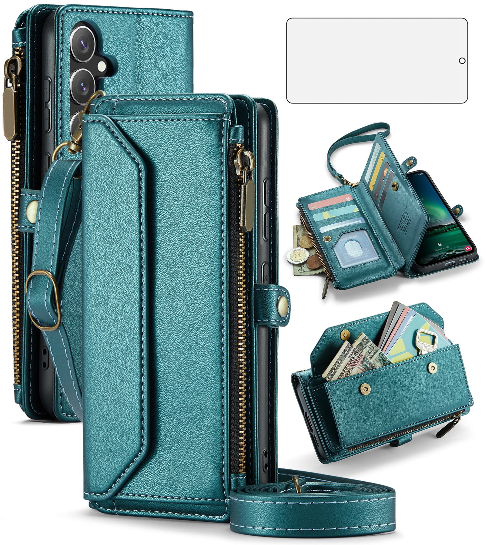Compatible with Samsung Galaxy S24 FE 5G Zipper Wallet Phone Case Tempered Glass Screen Protector Crossbody Lanyard Strap Flip Card Holder Slot Cell Cover for S 24 EF AI S24FE 24S Women Girls Green