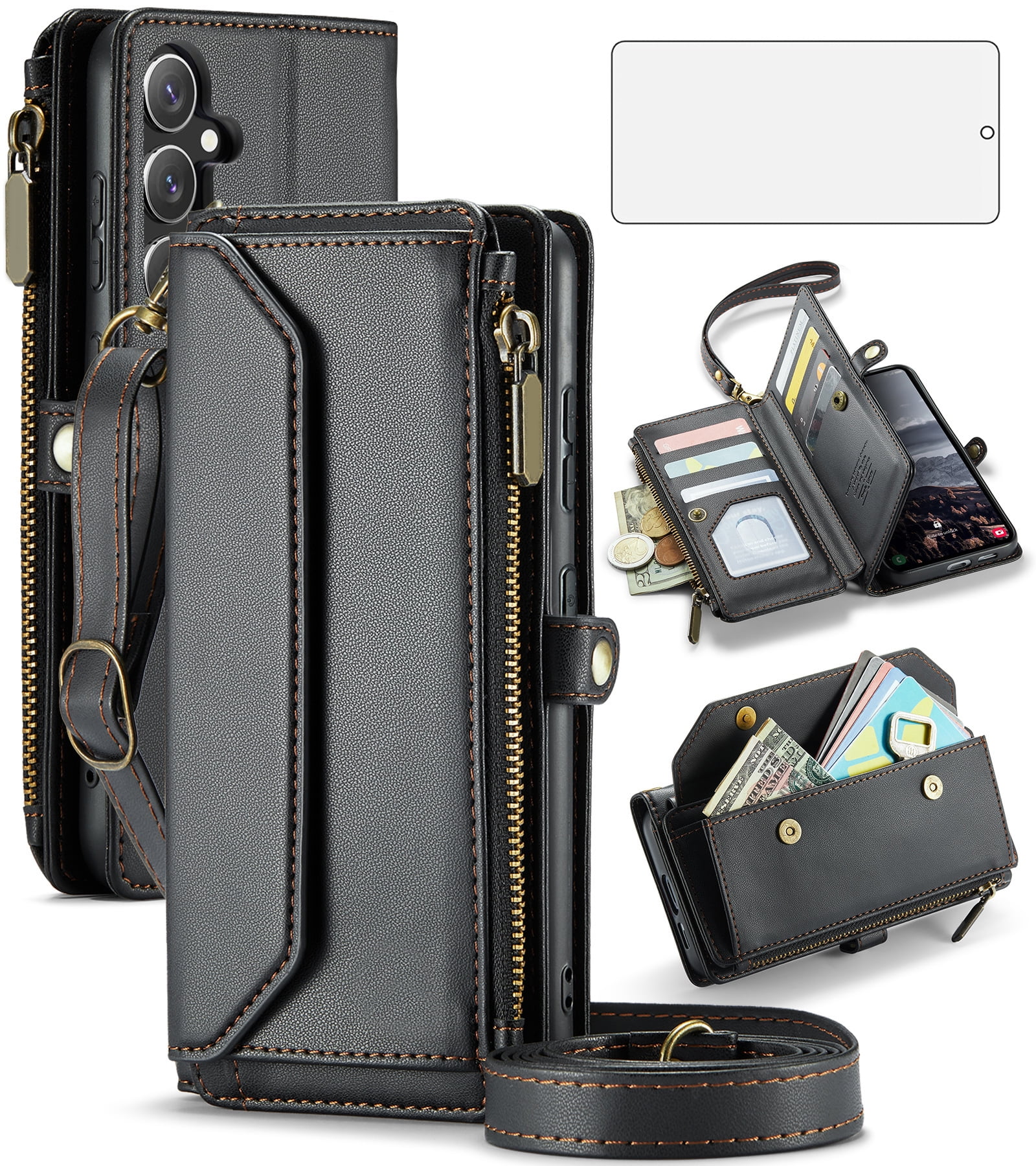 Compatible with Samsung Galaxy S24 FE 5G Zipper Wallet Phone Case Tempered Glass Screen Protector Crossbody Lanyard Strap Flip Card Holder Slot Cell Cover for S 24 EF AI S24FE 24S Women Girls Black