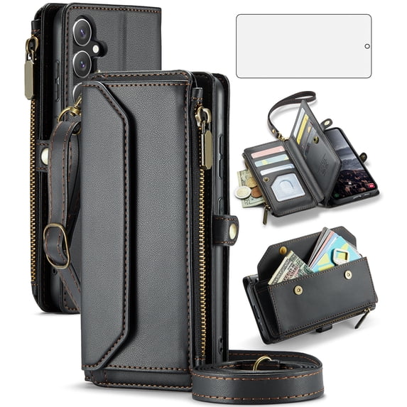 Compatible with Samsung Galaxy S24 FE 5G Zipper Wallet Phone Case Tempered Glass Screen Protector Crossbody Lanyard Strap Flip Card Holder Slot Cell Cover for S 24 EF AI S24FE 24S Women Girls Black