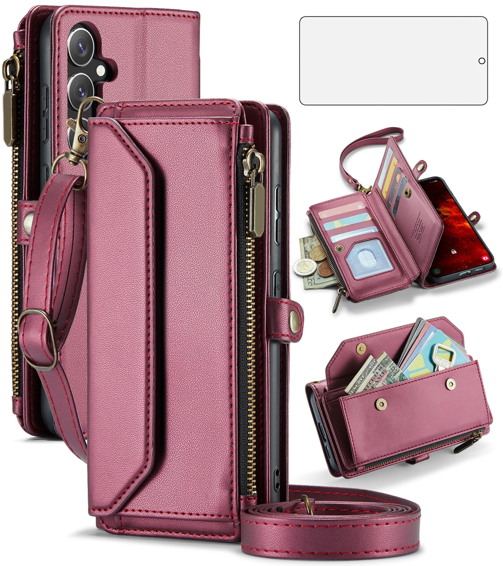 Compatible with Samsung Galaxy S24 FE 5G Zipper Wallet Phone Case Tempered Glass Screen Protector Crossbody Lanyard Strap Flip Card Holder Slot Cell Cover for S 24 EF AI S24FE 24S Women Wine Red