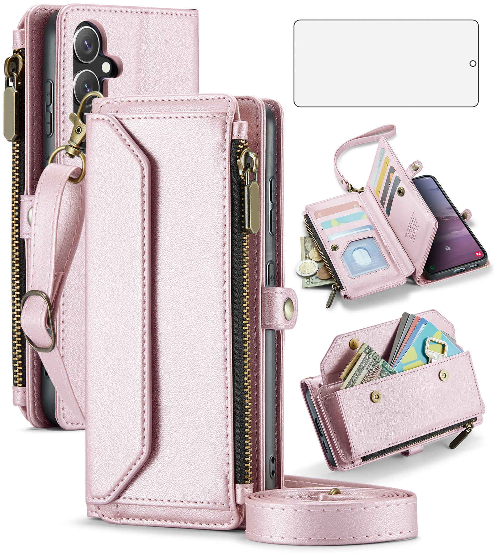 Compatible with Samsung Galaxy S24 FE 5G Zipper Wallet Phone Case Tempered Glass Screen Protector Crossbody Lanyard Strap Flip Card Holder Slot Cell Cover for S 24 EF AI S24FE 24S Women Rose Gold