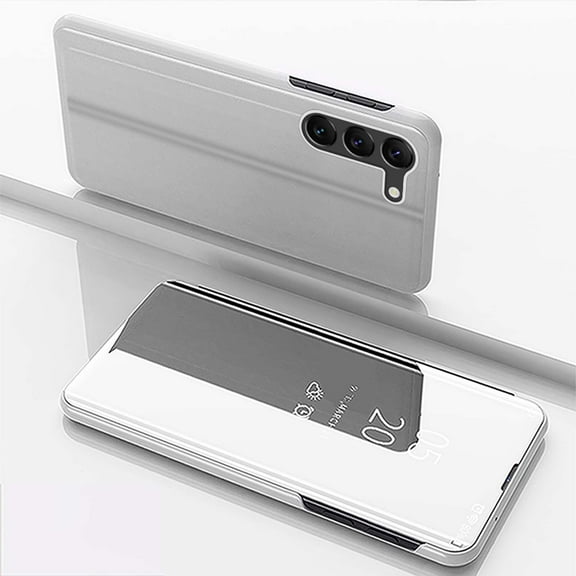 Compatible with Samsung Galaxy S24 FE Case Clear View Window Electroplate Plating Flip Folding Stand Scratchproof Full Body Protective Flip Slim Rugged Anti-fall Phone Case,Silver