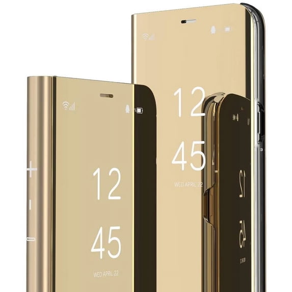Compatible with Samsung Galaxy S24 FE Case with Kickstand Leather Clear View Makeup Mirror Design Glitter Luxury Shockproof Protective Flip Case for Samsung Galaxy S24 FE Mirror Gold QH