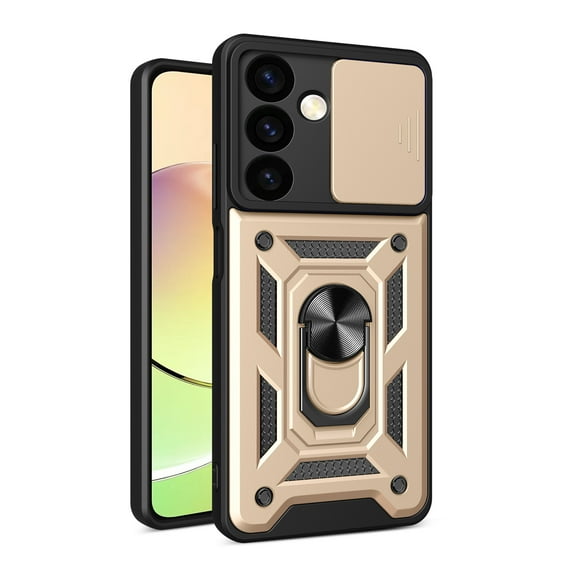 Compatible with Samsung Galaxy S24 FE Case with Sliding Camera Lens Cover and Ring Kickstand Heavy Duty Military Grade Rugged Protection Shockproof Back Phone Cover for Samsung Galaxy S24 FE, Gold