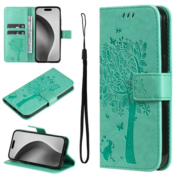 Compatible with Samsung Galaxy S24 FE Case Wallet Case with Kickstand Credit Card Holder Slots Cute Cat Butterfly & Tree Embossed Premium PU Leather Protective Phone Case with Wrist Strap,Green