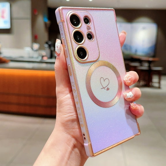 Compatible with Samsung Galaxy S24 FE Magnetic Glitter Case, Luxury Love Heart Pattern Plating Case, Compatible with MagSafe for Women Girls Shockproof Protective Ultra Slim TPU Cover - Purple