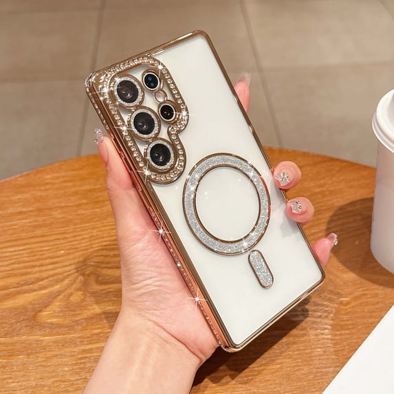 Compatible with Samsung Galaxy S24 FE Magnetic Phone Case,Diamond-embedded Frame Designing,With Lens Film,Bling Glitter Magnetic Ring,Shockproof Cute Bling Transparent Phone Case,Gold