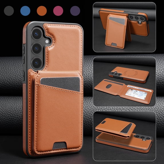 Compatible With Samsung Galaxy S24 FE Phone Case,Back Magnetic Detachable Flip Wallet,Compatible With Magsafe,With Kickstand,Card Slots,PU Leather Shockproof Rugged Phone Case Cover,Brown