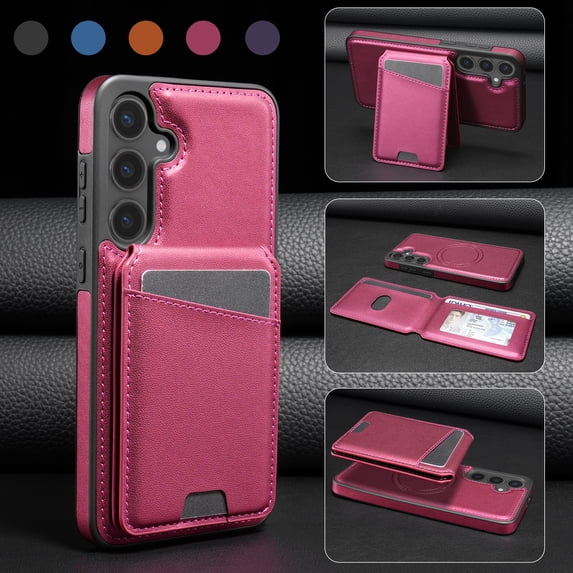 Compatible With Samsung Galaxy S24 FE Phone Case,Back Magnetic Detachable Flip Wallet,Compatible With Magsafe,With Kickstand,Card Slots,PU Leather Shockproof Rugged Phone Case Cover,Red