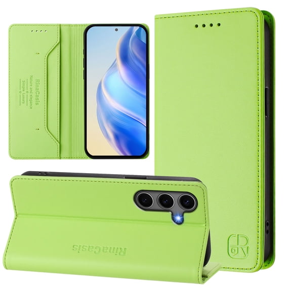 Compatible with Samsung Galaxy S24 FE Wallet Case, PU Leather Flip Case with RFID Blocking Card Slots, Kickstand Slim Fit Magnetic Wireless Charging Phone Cover for Galaxy S24 FE, Green