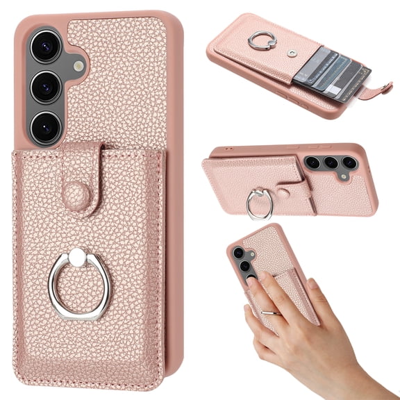 Compatible with Samsung Galaxy S24 FE Wallet Phone Case,360°Rotation Finger Ring Holder Kickstand,with Card Holder,Lychee Pattern PU Leather Durable Shockproof Rugged Phone Case,Rosegold