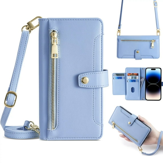 Compatible with Samsung Galaxy S24 FE, Zipper Purse Shoulder Strap & Wrist Strap Card Slots Kickstand PU Leather Wallet Case Rugged Magnetic Closure for Samsung Galaxy S24 FE, Blue