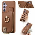 thumbnail image 1 of Compatible for Samsung Galaxy S24 FE Zipper Wallet Case with Card Holder, Rotation Ring Kickstand Case, PU Leather Card Slots RFID Blocking Protection Phone Case Shockproof Cover, Brown, 1 of 11