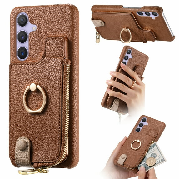 Compatible for Samsung Galaxy S24 FE Zipper Wallet Case with Card Holder, Rotation Ring Kickstand Case, PU Leather Card Slots RFID Blocking Protection Phone Case Shockproof Cover, Brown