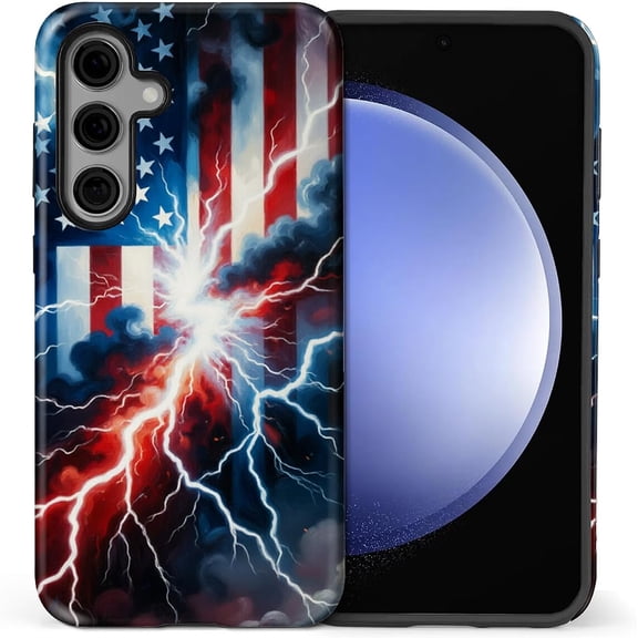 Compatible with Samsung Galaxy S24 Full Body Matte Case Hard Shell Shockproof Screen Lens Protection for Girl Boy Cute Pattern American Flag Lightning Navy Blue Star Patriotism