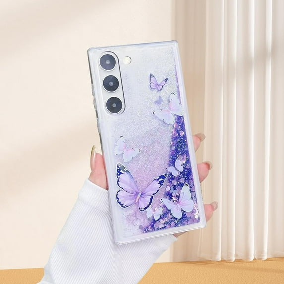 Compatible with Samsung Galaxy S24 Glitter Butterfly Case Glow in The Dark Women Girls Girly Bling Sparkle Flowing Quicksand Light up Case Soft TPU Bumper Luminous Phone Cover, Purple