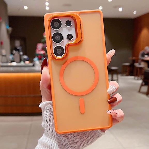 Compatible with Samsung Galaxy S24 Magnetic Case, [With Metal Camera Ring Stand][Compatible with Mag-safe] [Translucent Matte] Shockproof Protective SkinFeel Phone Case,Orange