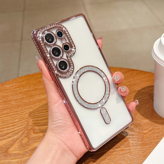 Compatible with Samsung Galaxy S24 Magnetic Phone Case,Diamond-embedded Frame Designing,With Lens Film,Bling Glitter Magnetic Ring,Shockproof Cute Bling Transparent Phone Case,Pink