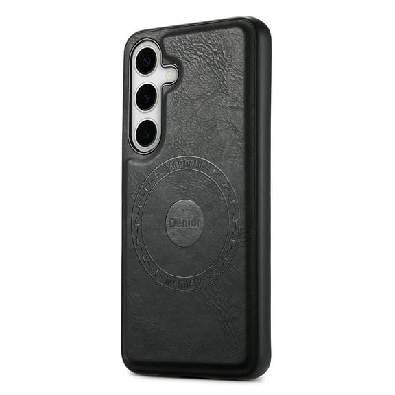 Compatible with Samsung Galaxy S24 PU Leather Magnetic Case, Secure Grip, Lens Protector, Non-Slip Enhanced Grip Anti-Fingerprint Shockproof Ultra Slim Fit Rugged Phone Cover,Black