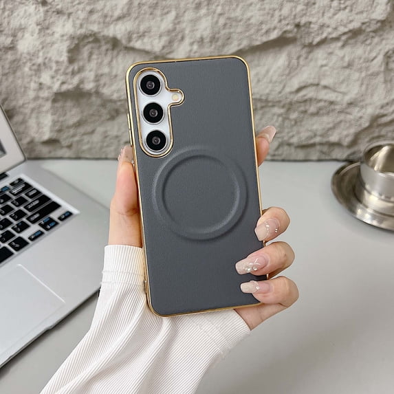 Compatible With Samsung Galaxy S24+ Phone Case,Luxurious Electroplated Frame Design,Support for Mag-Safe,PU Leather Ultra Slim Shockproof Rugged Anti-fall Magnetic Hard PC Phone Case,Gray