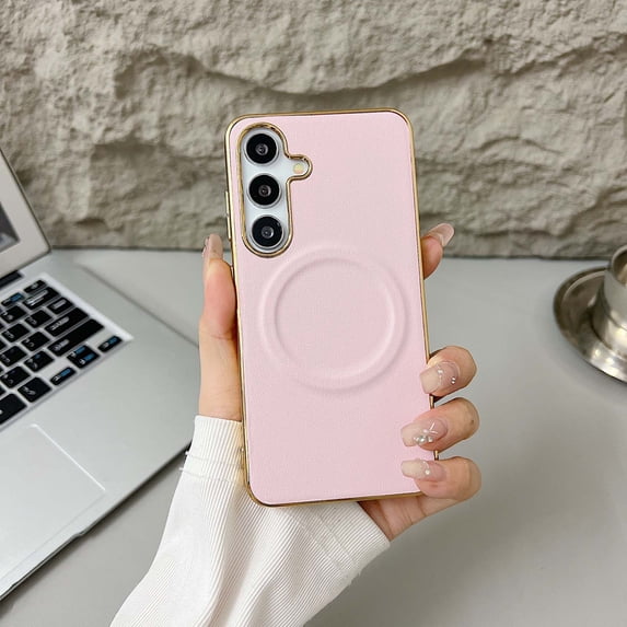 Compatible With Samsung Galaxy S24+ Phone Case,Luxurious Electroplated Frame Design,Support for Mag-Safe,PU Leather Ultra Slim Shockproof Rugged Anti-fall Magnetic Hard PC Phone Case,Pink