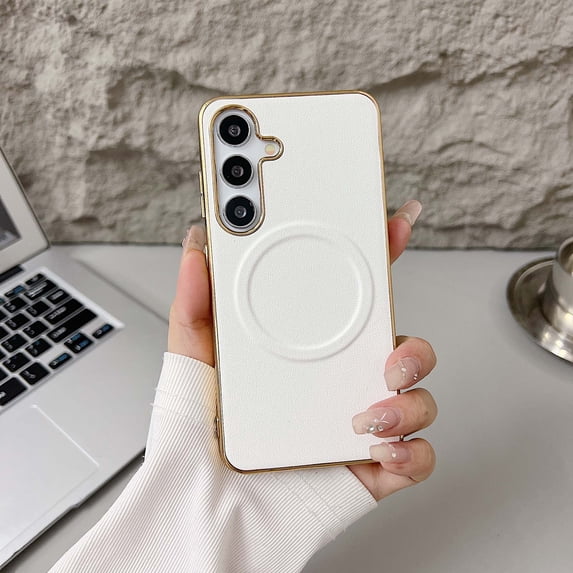 Compatible With Samsung Galaxy S24+ Phone Case,Luxurious Electroplated Frame Design,Support for Mag-Safe,PU Leather Ultra Slim Shockproof Rugged Anti-fall Magnetic Hard PC Phone Case,White