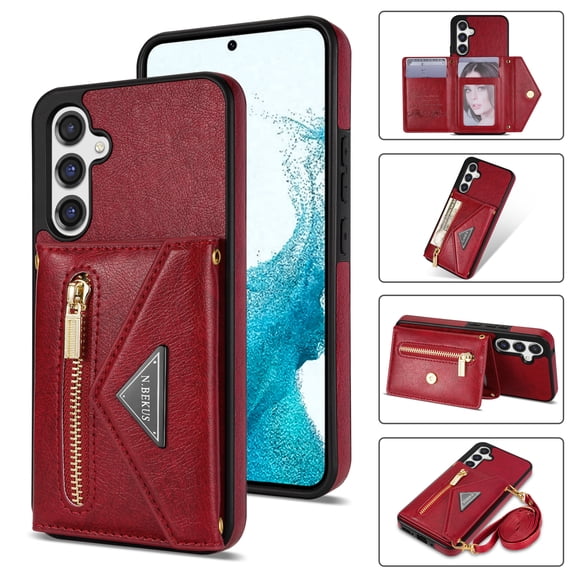 Compatible With Samsung Galaxy S24 Phone Case Zipper Card Pocket Design Crossbody Lanyard PU Leather Shockproof Anti-Fingerprint Kickstand Lightweight Phone Cover,Red