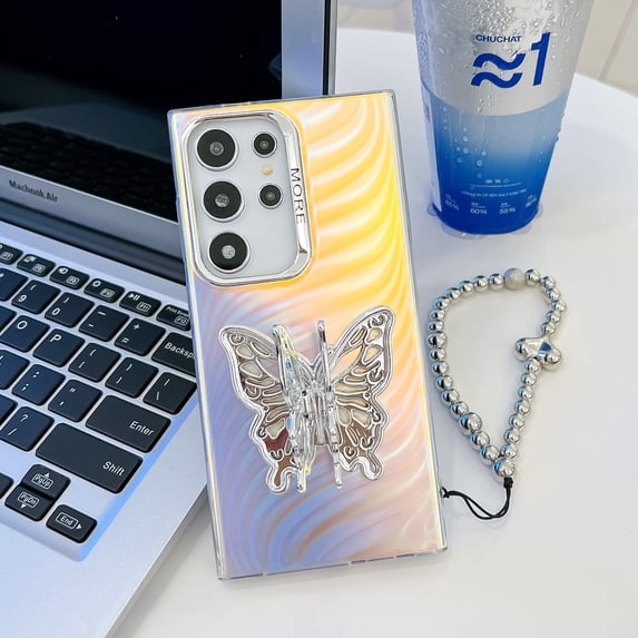 Compatible with Samsung Galaxy S24 Plating Frosted Case, with Colourful Laser Back and Butterfly Kickstand for Women Girls Cute Protective Phone Case Cover with Hand Chain Bracelet, F