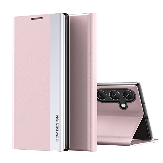 Compatible with Samsung Galaxy S24 Plus, Built-in invisible Stand, Full Protection Shockproof Thin Magnetic Luxury PC Plating + PU Leather Slim Fit Smart Case for Samsung Galaxy S24 Plus,Pink