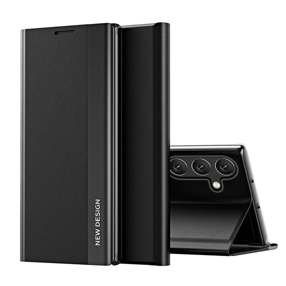 Compatible with Samsung Galaxy S24 Plus, Built-in invisible Stand, Full Protection Shockproof Thin Magnetic Luxury PC Plating + PU Leather Slim Fit Smart Case for Samsung Galaxy S24 Plus,Black