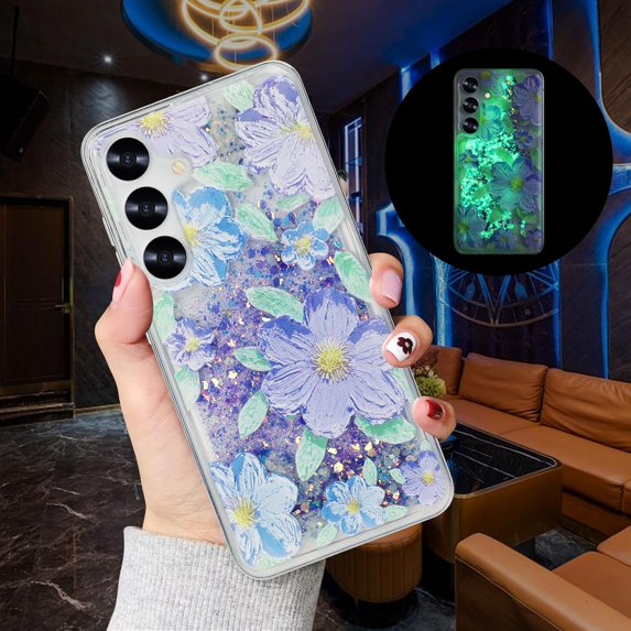 Compatible with Samsung Galaxy S24 Plus Case Oil Painting Flower Case Glow in The Dark Liquid Fluorescent Floating Floral Case Women Girly Light up Case Soft TPU Luminous Phone Cover, Purple