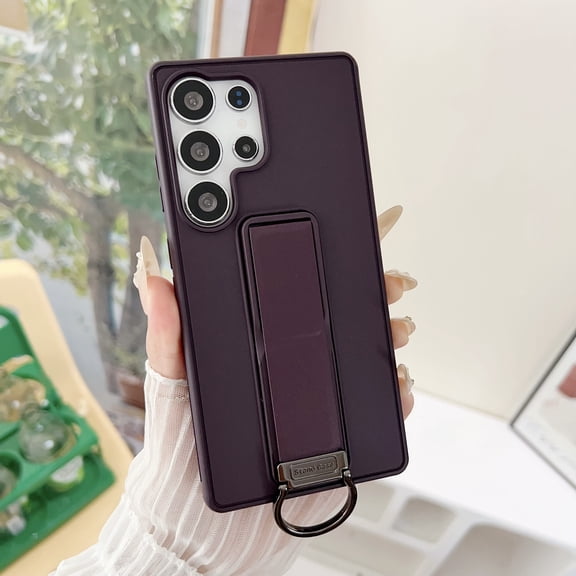 Compatible with Samsung Galaxy S24 Plus Case with Stand, with Hidden Adjustable Kickstand PU Leather Hand Strap, TPU + PC Drop Protective Thin Slim Hybrid Phone Case with Finger Ring, Darkpurple