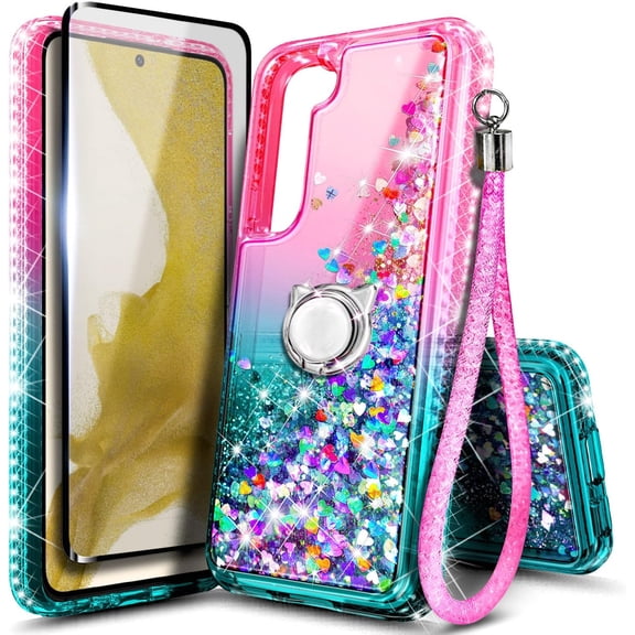 Compatible with Samsung Galaxy S24+ Plus Case with Tempered Glass Screen Protector, Ring Holder/Wrist Strap, Nagebee Glitter Liquid Floating Waterfall Cute Phone Cover (Pink/Aqua)