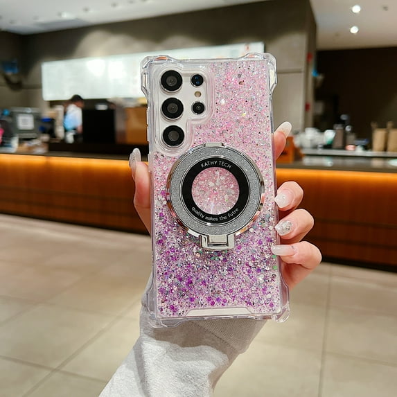 Compatible with Samsung Galaxy S24 Plus Case for Women Girls Gradient Color Kickstand Glitter Sparkle Bling Shiny Cute Bumper Clear[No-Yellowing] Reinforced Corners Protective Cover, Pink+Purple