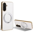 thumbnail image 1 of Compatible with Samsung Galaxy S24 Plus, Rotating Magnetic Stand Ring Holder Shockproof Slim Cell Cover Protective, PU Leather Magsafe Plating Phone Cover Case for Samsung Galaxy S24 Plus -  White, 1 of 6