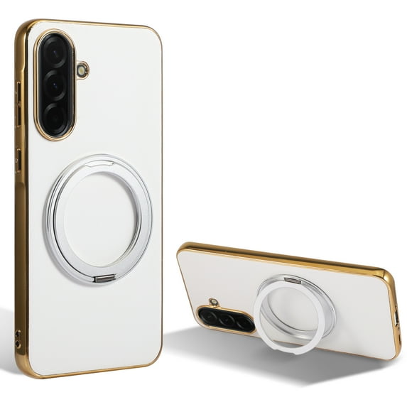 Compatible with Samsung Galaxy S24 Plus, Rotating Magnetic Stand Ring Holder Shockproof Slim Cell Cover Protective, PU Leather Magsafe Plating Phone Cover Case for Samsung Galaxy S24 Plus - White
