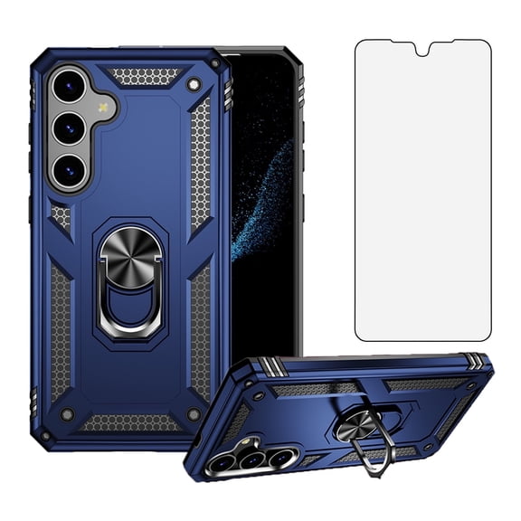 Compatible with Samsung Galaxy S24 Plus S24+ 5G Phone Case Tempered Glass Screen Protector Slim Magnetic Ring Holder Stand Hybrid Protective Cell Cover for S24Plus 24S + Women Men Blue