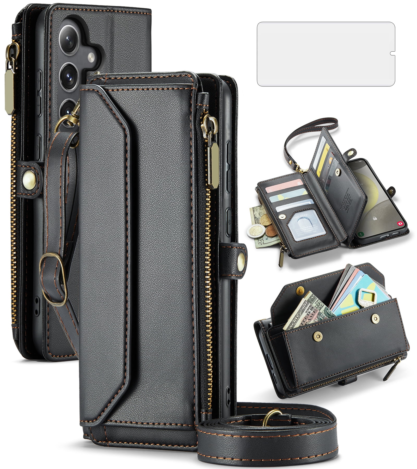Compatible with Samsung Galaxy S24 Plus S24+ 5G Zipper Wallet Phone Case Tempered Glass Screen Protector Crossbody Lanyard Strap Flip Card Holder Slot Cell Cover for S24Plus 24S + S 24 Women Black