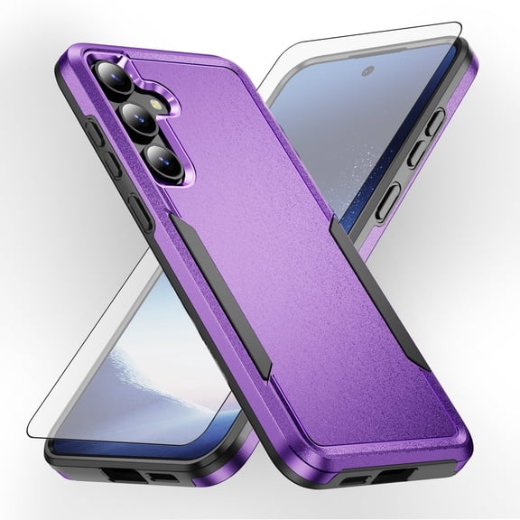 Compatible with Samsung Galaxy S24 Plus/S25 Plus S24+ S25+ 5G Phone Case Glass Screen Protector Hybrid Rugged Shockproof Hard Protective Drop Proof Full Body Heavy Duty Mobile Cell Cover for Purple