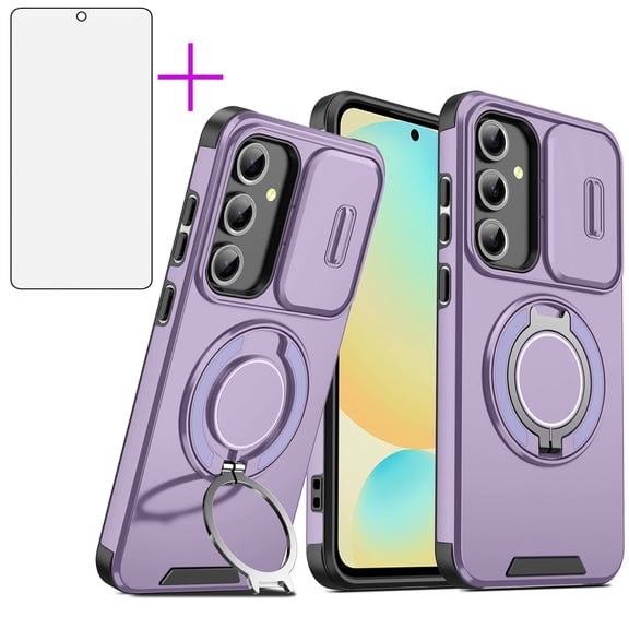 Compatible with Samsung Galaxy S24 Plus/S25 Plus S24  S25  5G Phone Case Slide Camera Cover Tempered Glass Screen Protector Stand Ring Holder Rugged Slim Cell for S24Plus S25Plus 25S Women Men Purple