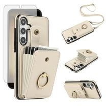 Compatible with Samsung Galaxy S24 Plus/S25 Plus S24 S25 5G Wallet Phone Case Screen Protector Ring Crossbody Strap Stand Credit Card Holder RFID Cell Cover for S24Plus S25Plus Women Girls Beige