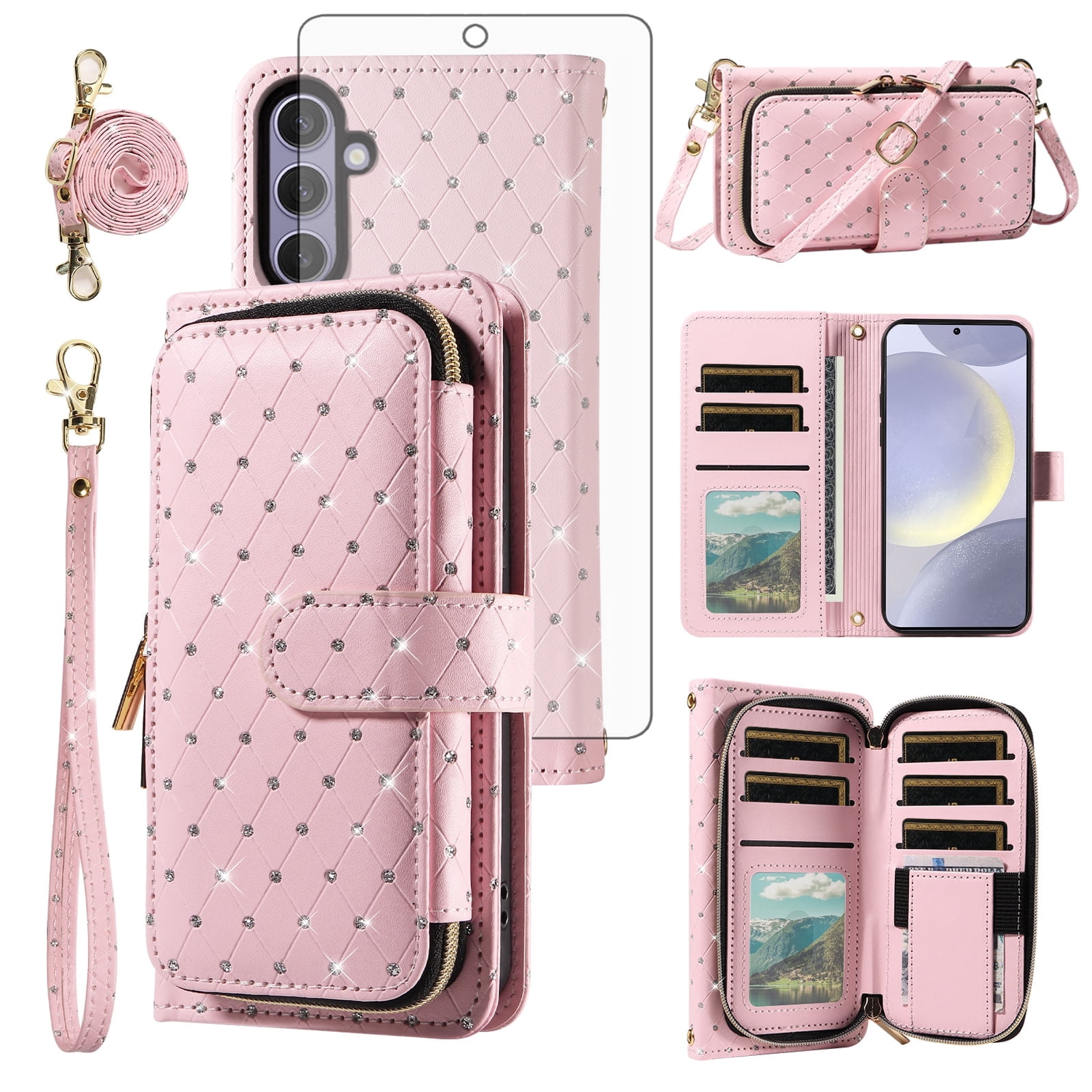 Compatible with Samsung Galaxy S24 Plus/S25 Plus S24+ S25+ 5G Wallet Phone Case Tempered Glass Screen Protector Bling Glitter Crossbody Lanyard Strap Flip Zipper Purse Card Holder Cell Cover for Pink