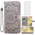 thumbnail image 1 of Compatible with Samsung Galaxy S24 Plus/S25 Plus S24+ S25+ 5G Wallet Phone Case and Tempered Glass Screen Protector Flip Credit Card Holder Stand Mandala Flower Cell Cover for S24Plus S25Plus Gray, 1 of 9
