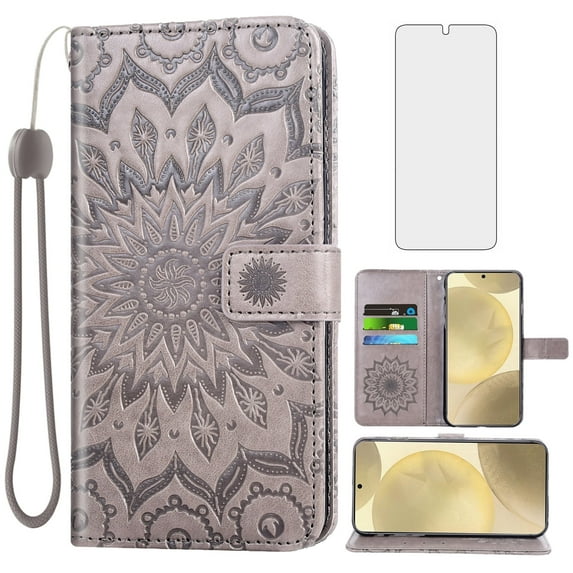 Compatible with Samsung Galaxy S24 Plus/S25 Plus S24+ S25+ 5G Wallet Phone Case and Tempered Glass Screen Protector Flip Credit Card Holder Stand Mandala Flower Cell Cover for S24Plus S25Plus Gray
