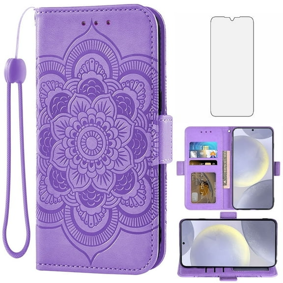Compatible with Samsung Galaxy S24 Plus/S25 Plus S24 S25 5G Wallet Phone Case and Tempered Glass Screen Protector Flip Credit Card Holder Stand Mandala Flower Cell Cover for S24Plus S25Plus Purple